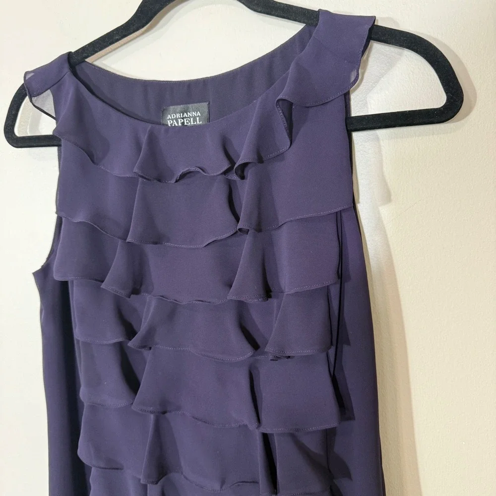 Adrianna Papell Women Purple Tiered Ruffle Chiffon Sleeveless Shift Dress Size 6